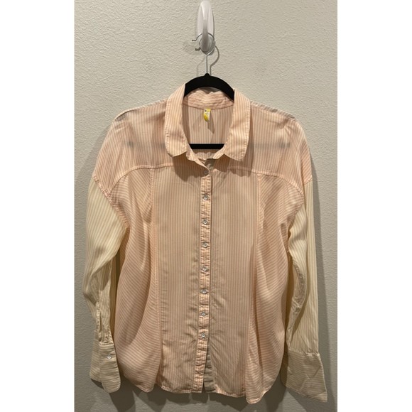 FREE PEOPLE Capetown Striped Button Down Pink Tan - Picture 2 of 7
